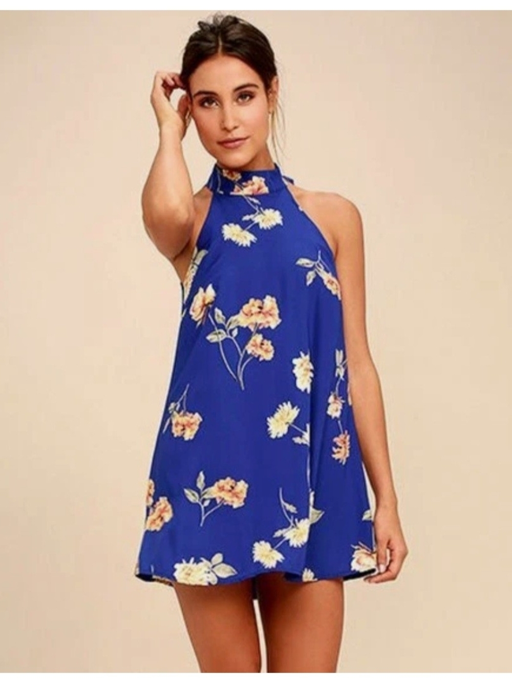Lulu's Royal Blue Floral Halter Mini Dress
